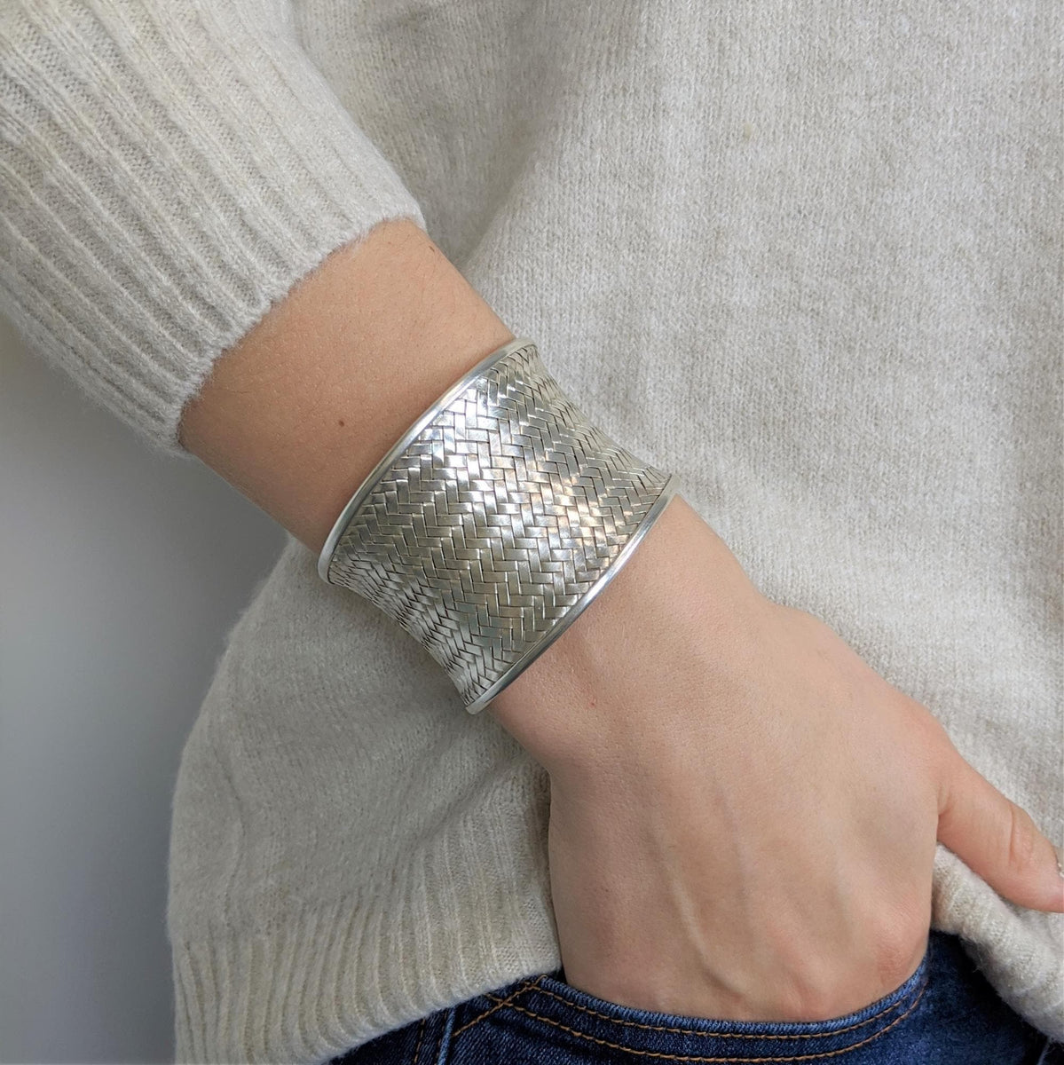 Pure Silver Karen Hill Tribe Extra Wide Concave Woven Cuff Bangle