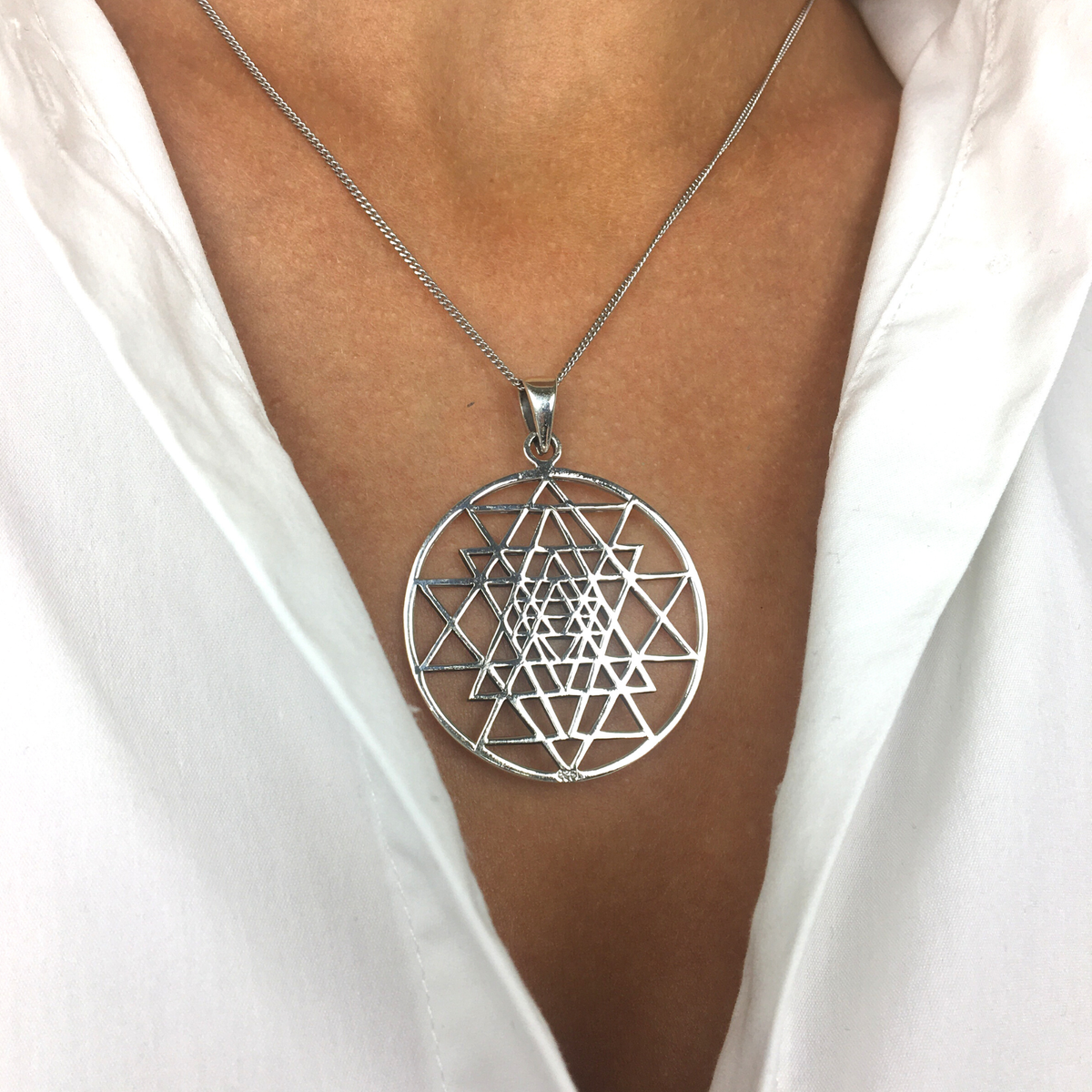 Small Sri Yantra Silver Pendant Sacred Geometry Necklace