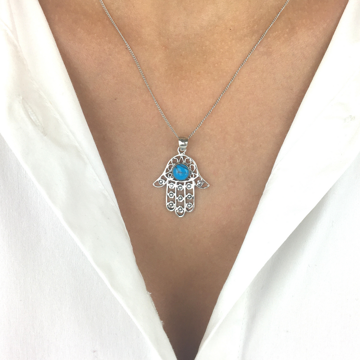 Sterling Silver Turquoise Hamsa Hand Evil Eye Pendant Necklace