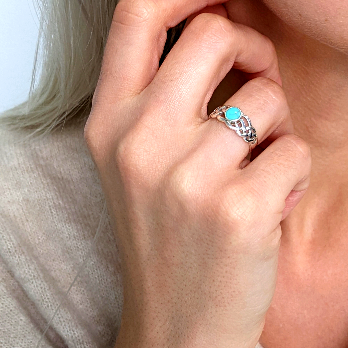 81stgeneration Sterling Silver Celtic Knot Ring With Simulated Turquoise - 925 Silver Braided Band - View #4