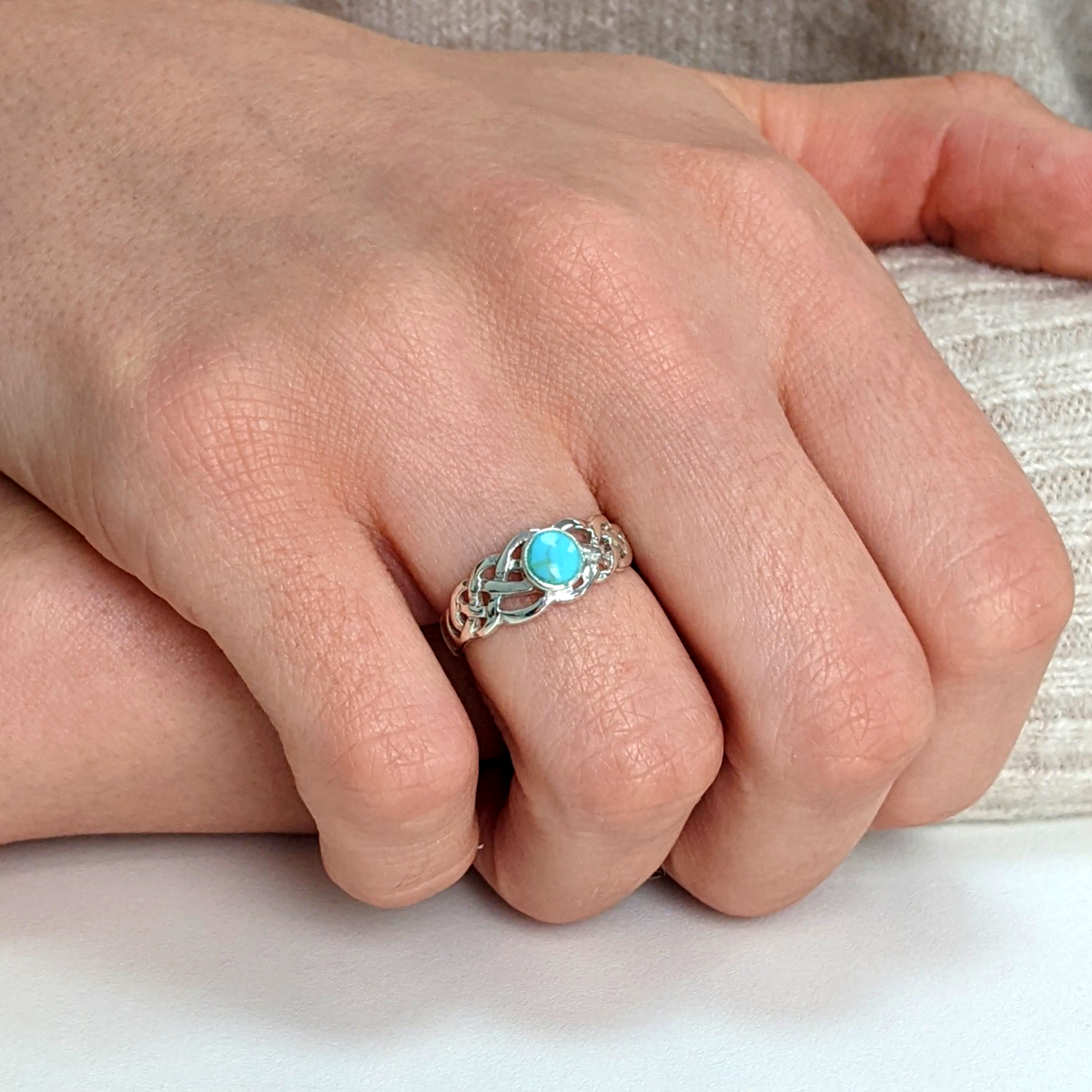 81stgeneration Sterling Silver Celtic Knot Ring With Simulated Turquoise - 925 Silver Braided Band - View #9
