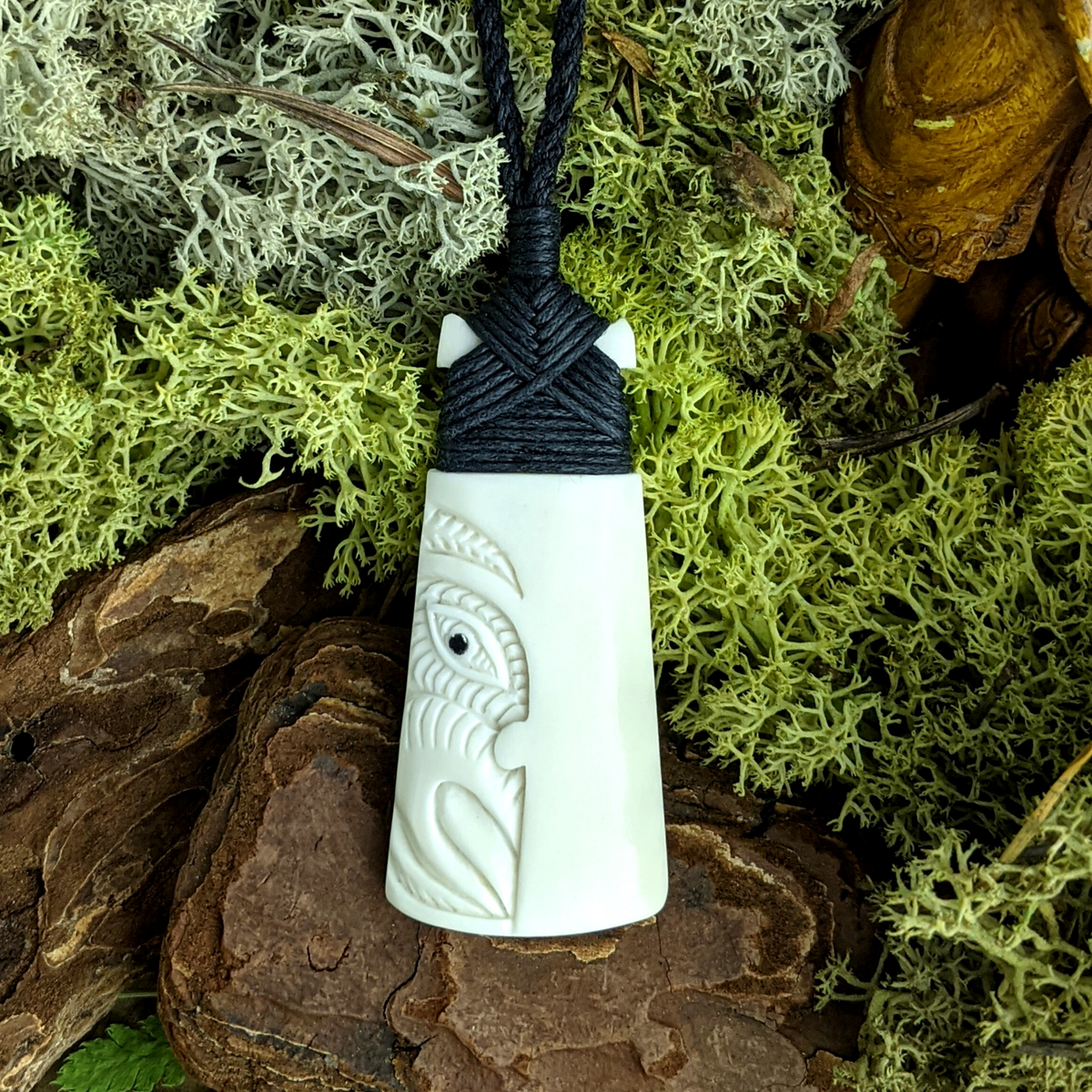 Bone Engraved Warrior Face Toki Pendant Maori Style Cord Necklace