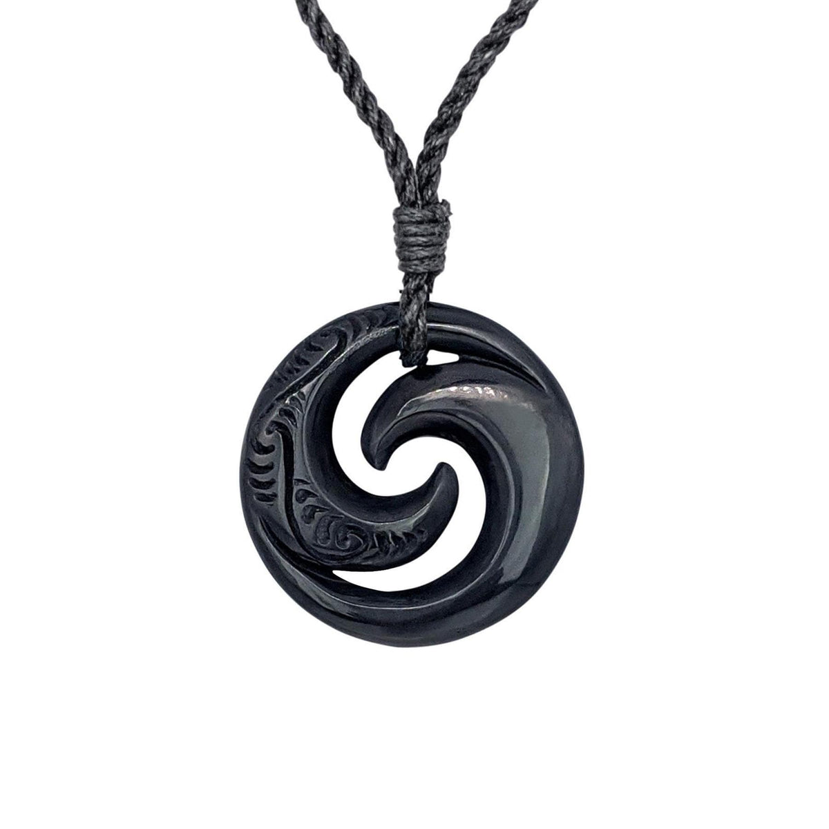 Hand-Carved Black Horn HEI Pikorua Pendant Engraved With Koru Pattern