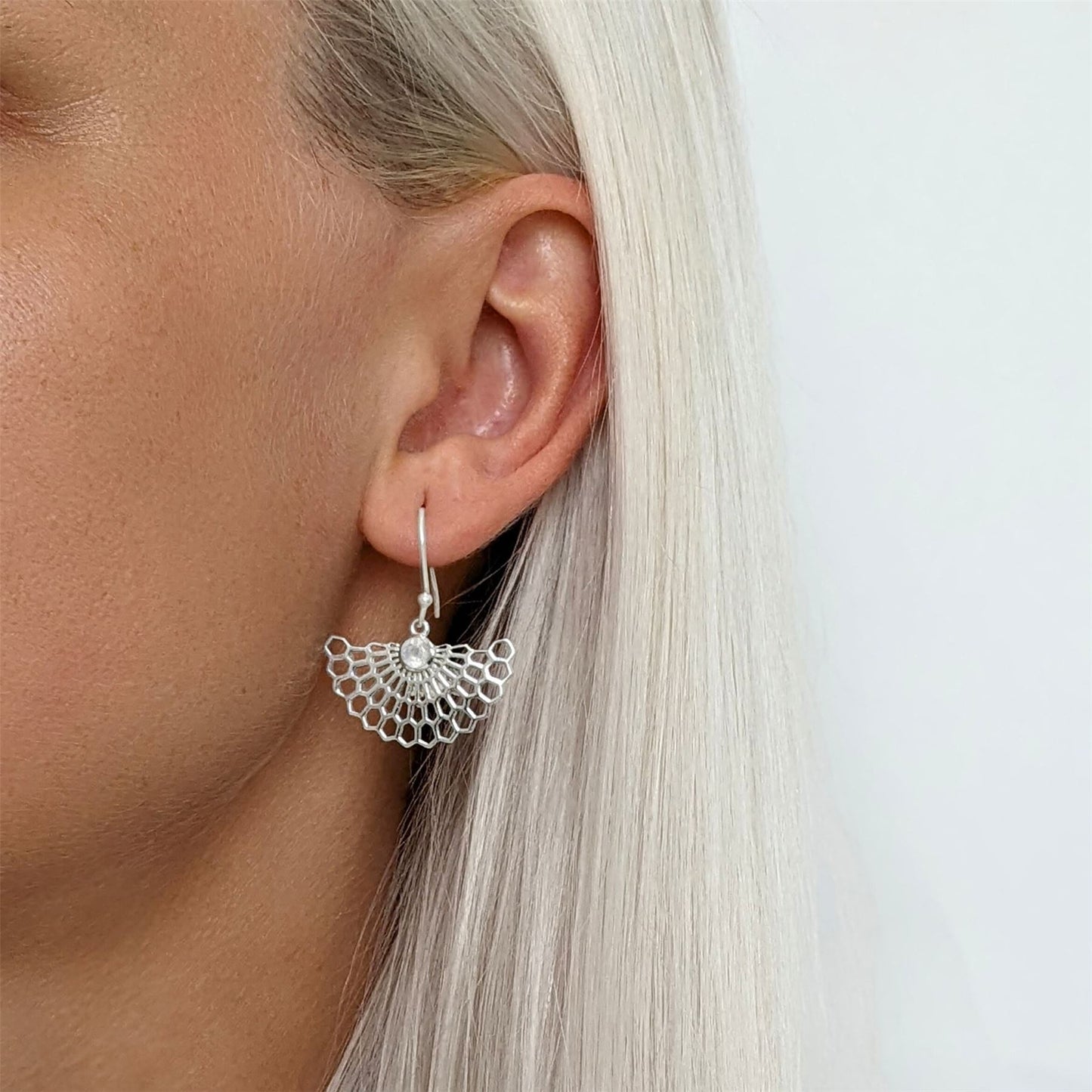 
                  
                    Sterling Silver Fan Shaped Moonstone Dangle Earrings Geometric Design
                  
                