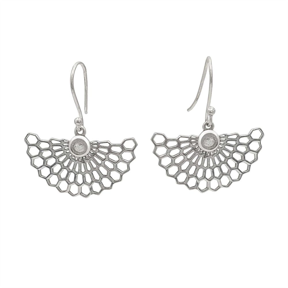 Sterling Silver Fan Shaped Moonstone Dangle Earrings Geometric Design