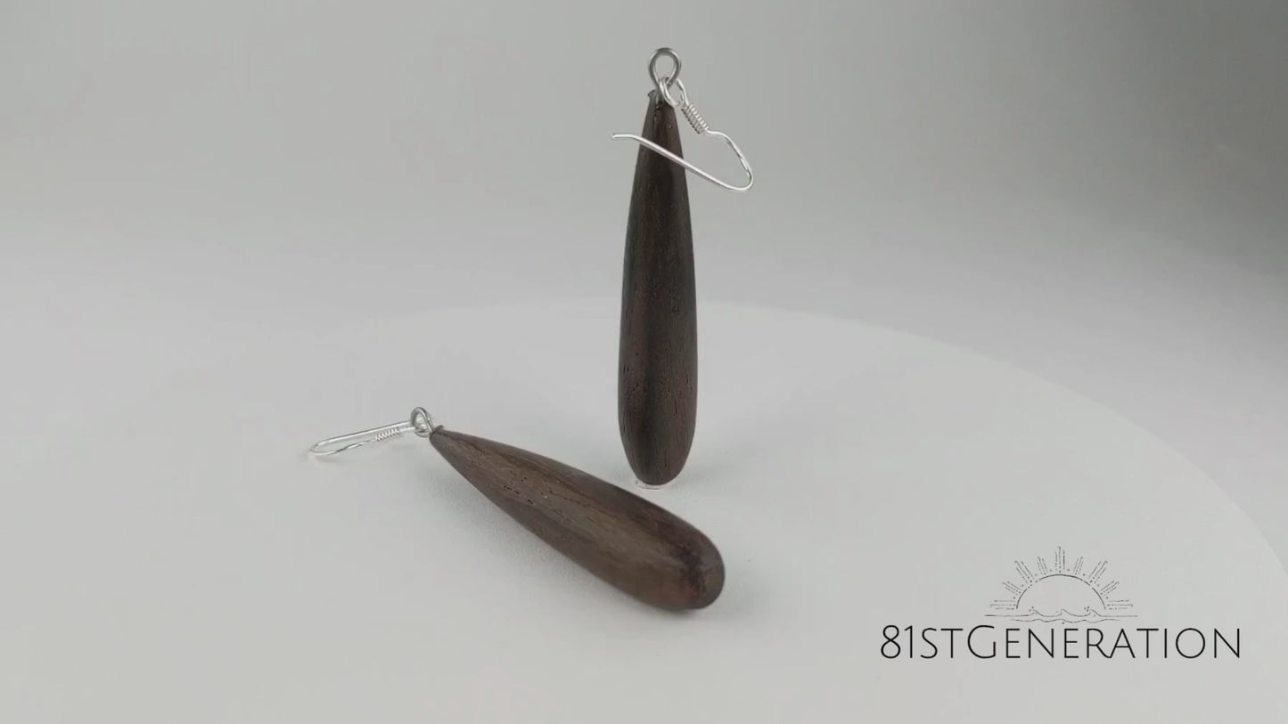 
                  
                    Load and play video in Gallery viewer, Wood Long Drop Earrings Bar Shaped With Sterling Silver Hooks
                  
                