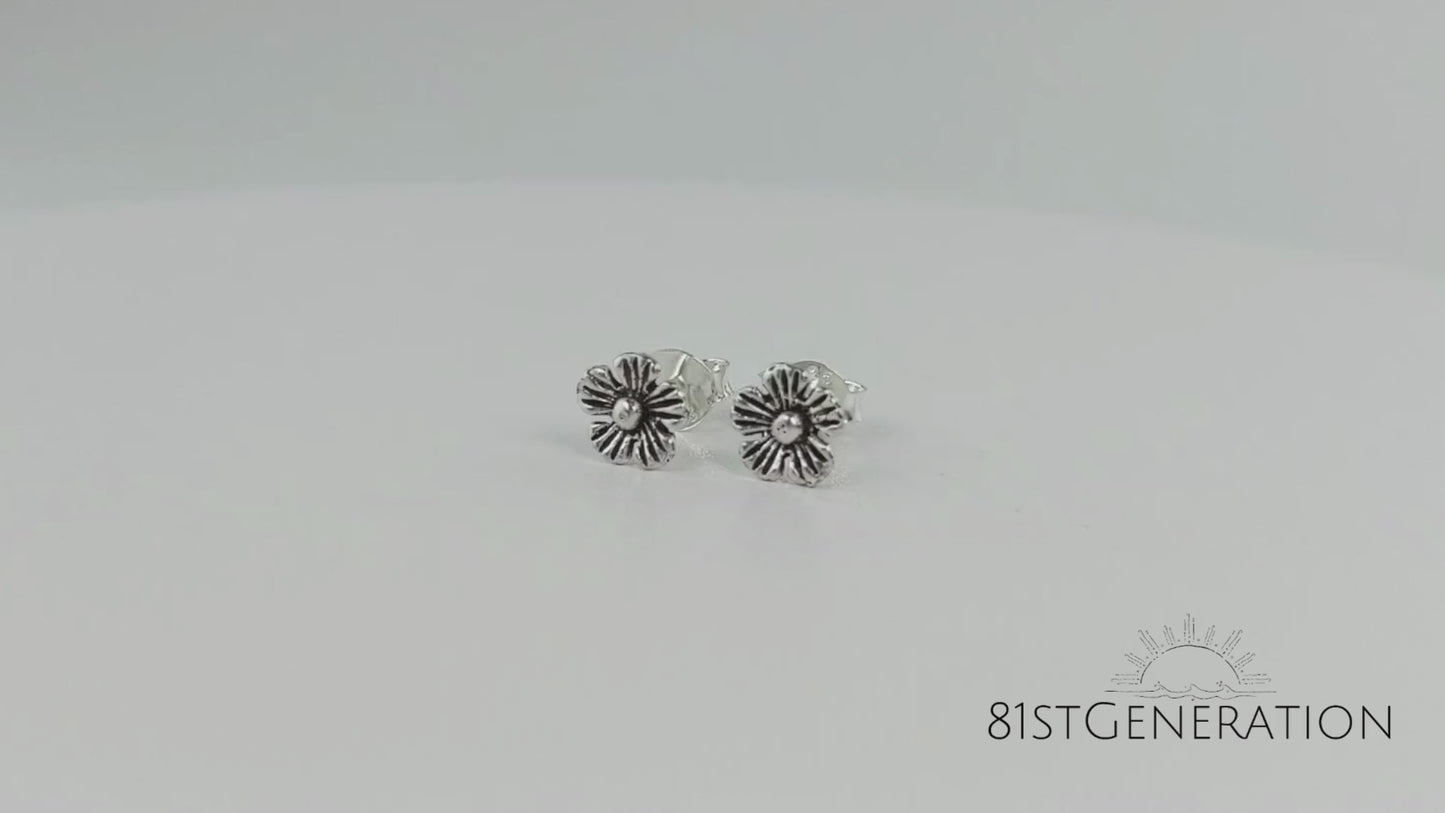 
                  
                    Load and play video in Gallery viewer, Sterling Silver Oxidised Small Flower Stud Earrings 6 mm Studs
                  
                