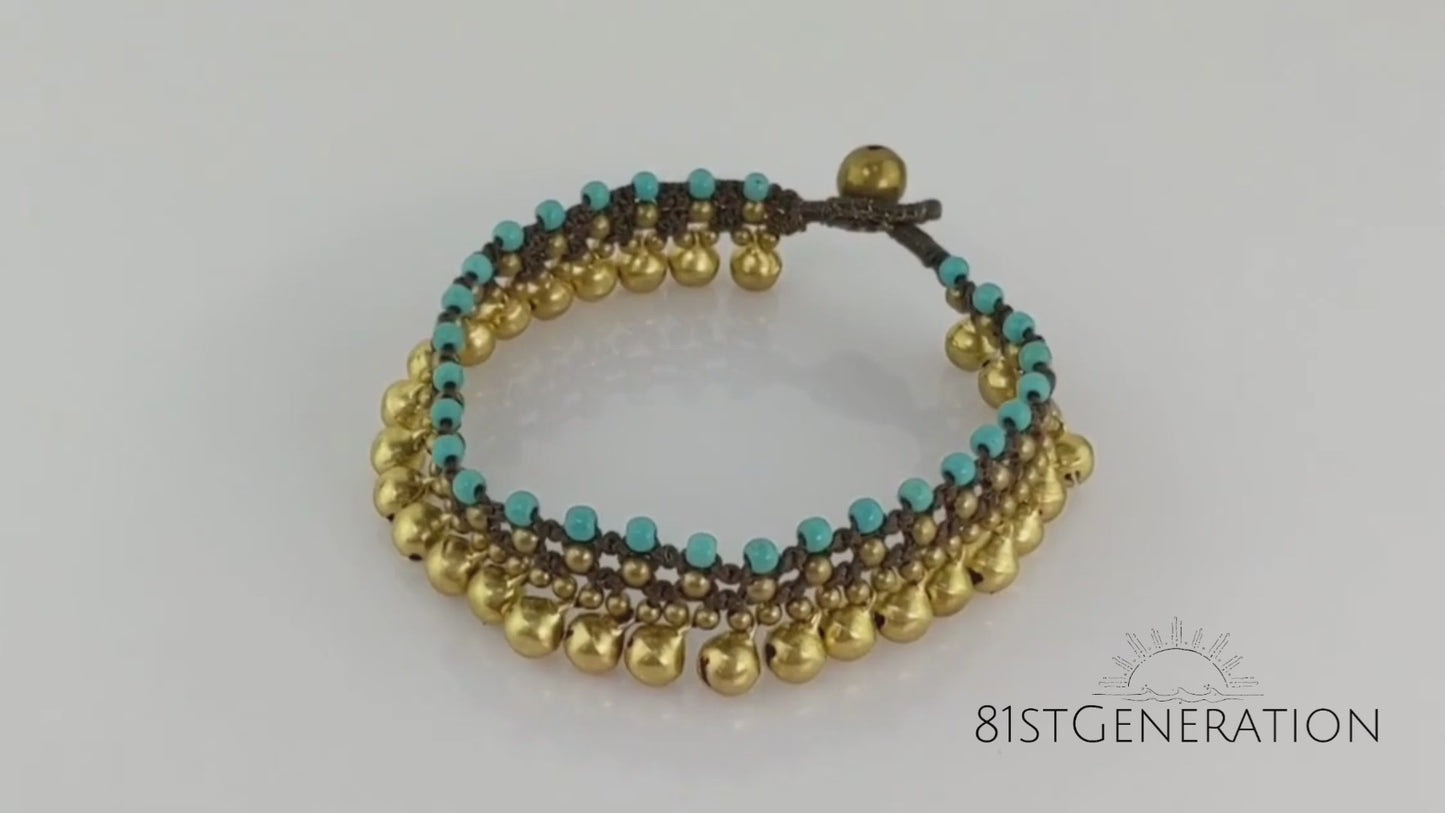 
                  
                    Load and play video in Gallery viewer, Gold Brass Simulated Turquoise Bead Ankle Bracelet Anklet With Bells
                  
                
