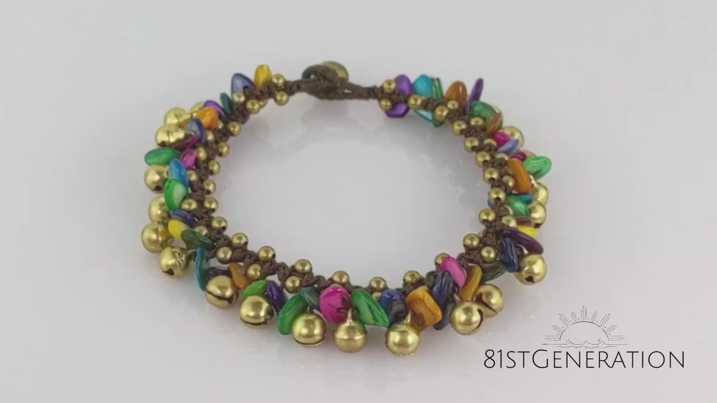 
                  
                    Load and play video in Gallery viewer, Gold Brass Multicoloured Shells Beaded Ankle Bracelet Anklet With Bells
                  
                