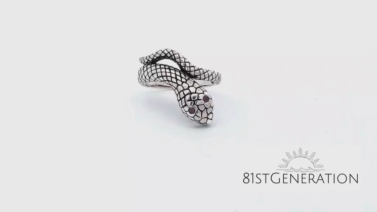 
                  
                    Load and play video in Gallery viewer, Sterling Silver Gothic Snake Red Eye Serpent Wraparound Ring
                  
                