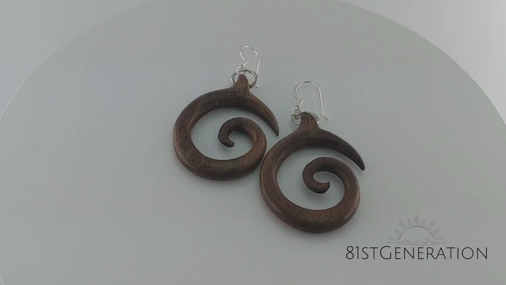 
                  
                    Load and play video in Gallery viewer, Wood Round Spiral Dangle Earrings With Sterling Silver Hooks
                  
                
