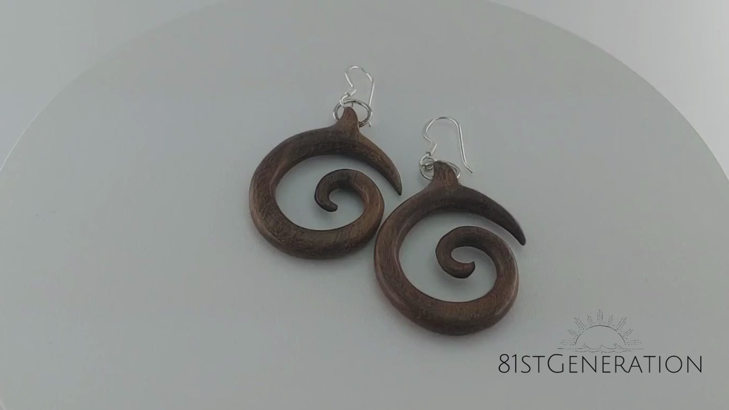 
                  
                    Load and play video in Gallery viewer, Wood Round Spiral Dangle Earrings With Sterling Silver Hooks
                  
                