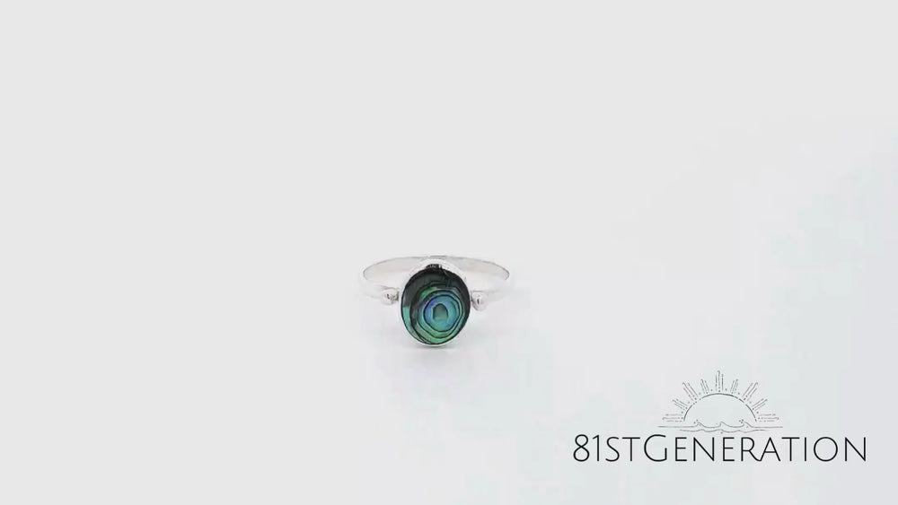
                  
                    Load and play video in Gallery viewer, Sterling Silver Oval Abalone Bezel Set Thin Band Stackable Ring
                  
                
