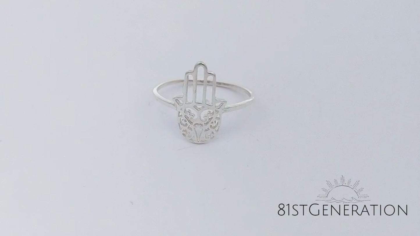 
                  
                    Load and play video in Gallery viewer, Sterling Silver Filigree Cut-Out Hamsa Fatima Hand Ring Stackable Band
                  
                