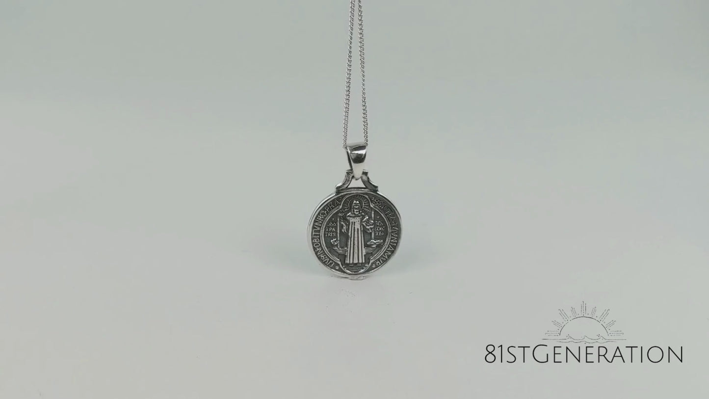 
                  
                    Load and play video in Gallery viewer, Sterling Silver St Benedict Medallion Coin Shaped Pendant Necklace
                  
                