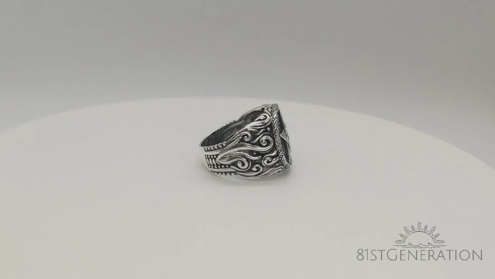 
                  
                    Load and play video in Gallery viewer, Sterling Silver Chunky Gothic Fire Pentacle Pentagram Signet Ring
                  
                