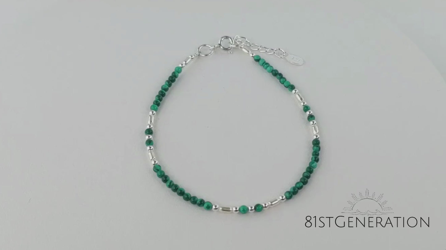 
                  
                    Load and play video in Gallery viewer, Sterling Silver Malachite Green Gemstone Boho Beaded Bracelet
                  
                