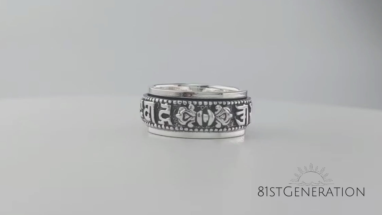 
                  
                    Load and play video in Gallery viewer, Sterling Silver Spinner Ring With Buddhist Mantra Fidget Design
                  
                