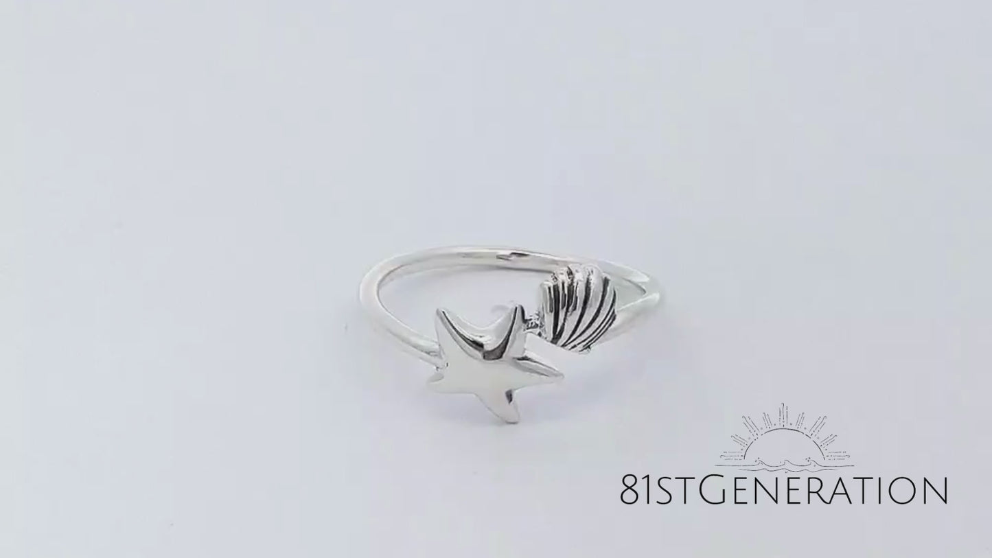 
                  
                    Load and play video in Gallery viewer, Sterling Silver Starfish Scallop Seashell Ring Ocean Stacking Thin Band
                  
                