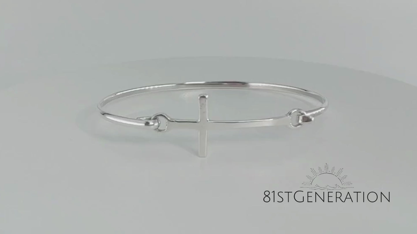 
                  
                    Load and play video in Gallery viewer, Sterling Silver Classic Cross Bangle With Hook Clasp Simple Design
                  
                