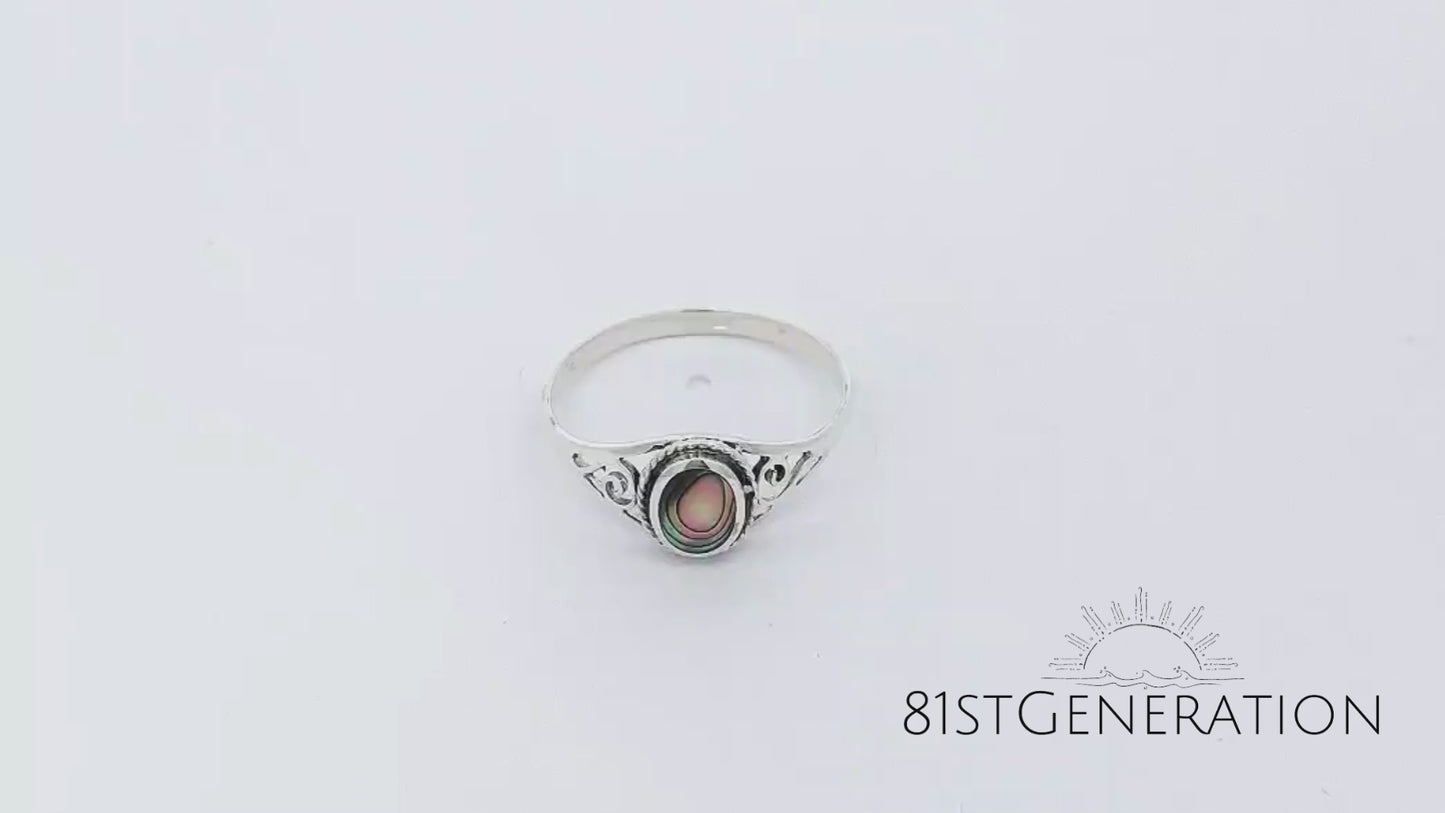 
                  
                    Load and play video in Gallery viewer, Sterling Silver Oval Abalone Shell Filigree Vintage Style Boho Ring
                  
                