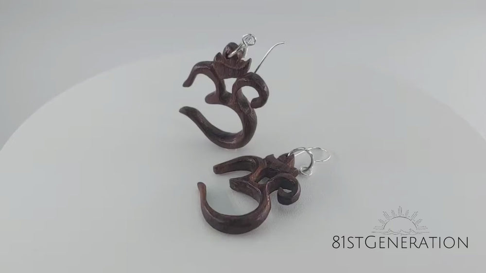 
                  
                    Load and play video in Gallery viewer, Wood Om Aum Spiritual Dangle Earrings With Sterling Silver Hooks
                  
                