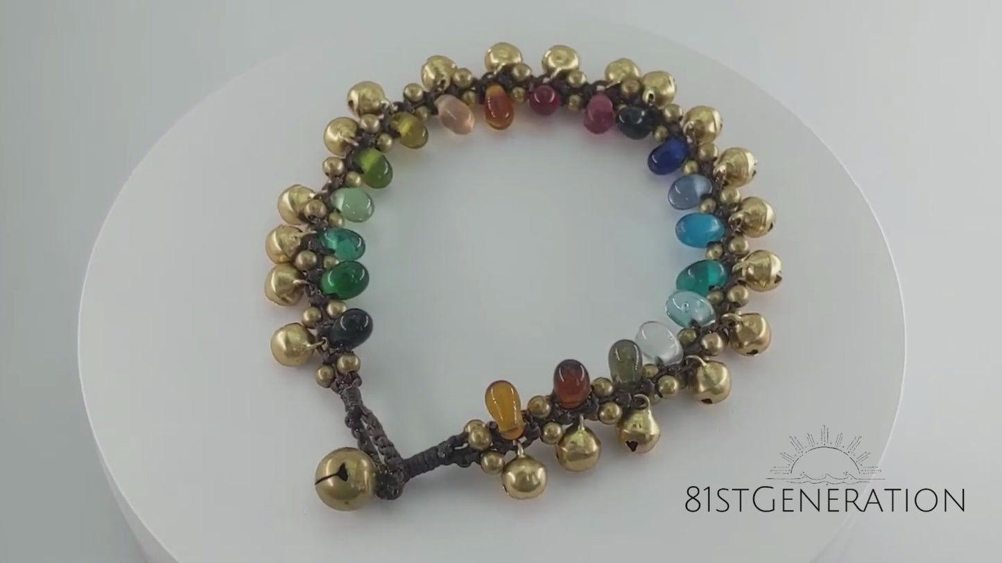 
                  
                    Load and play video in Gallery viewer, Gold Brass Rainbow Multicoloured Glass Bead Anklet With Bells
                  
                