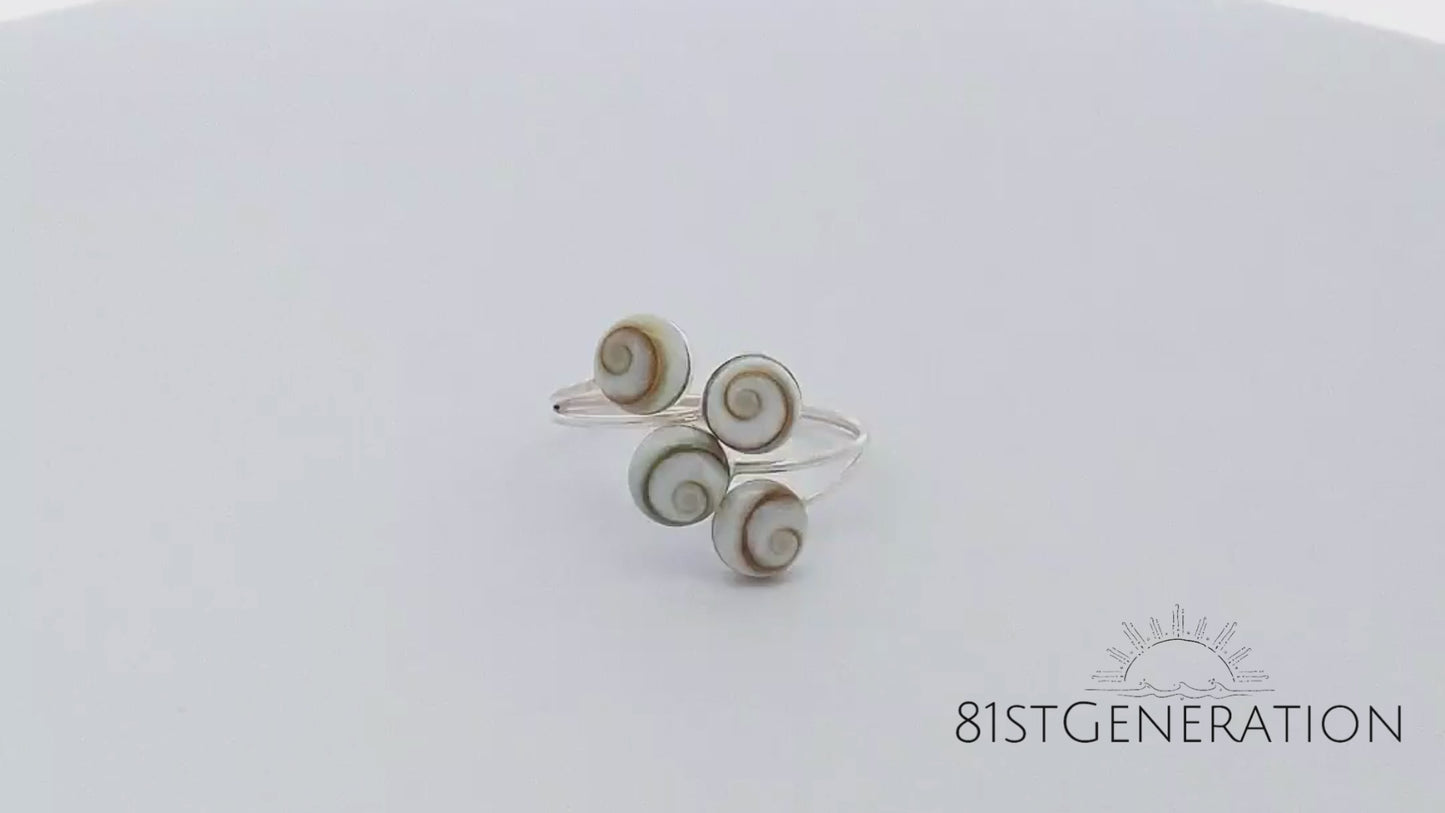 
                  
                    Load and play video in Gallery viewer, Sterling Silver Four Shiva Eye Shell Wraparound Boho Adjustable Ring
                  
                