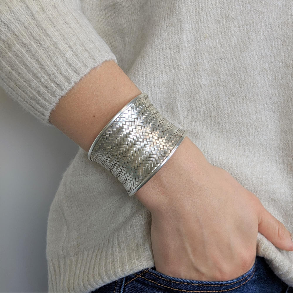
                  
                    Pure Silver Karen Hill Tribe Extra Wide Concave Woven Cuff Bangle
                  
                