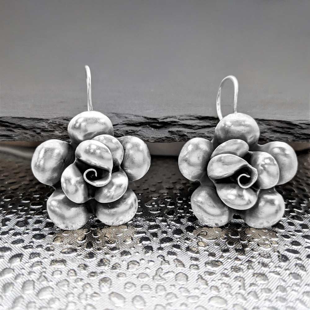 Pure Silver Karen Hill Tribe Statement Rose Flower Earrings With Hooks