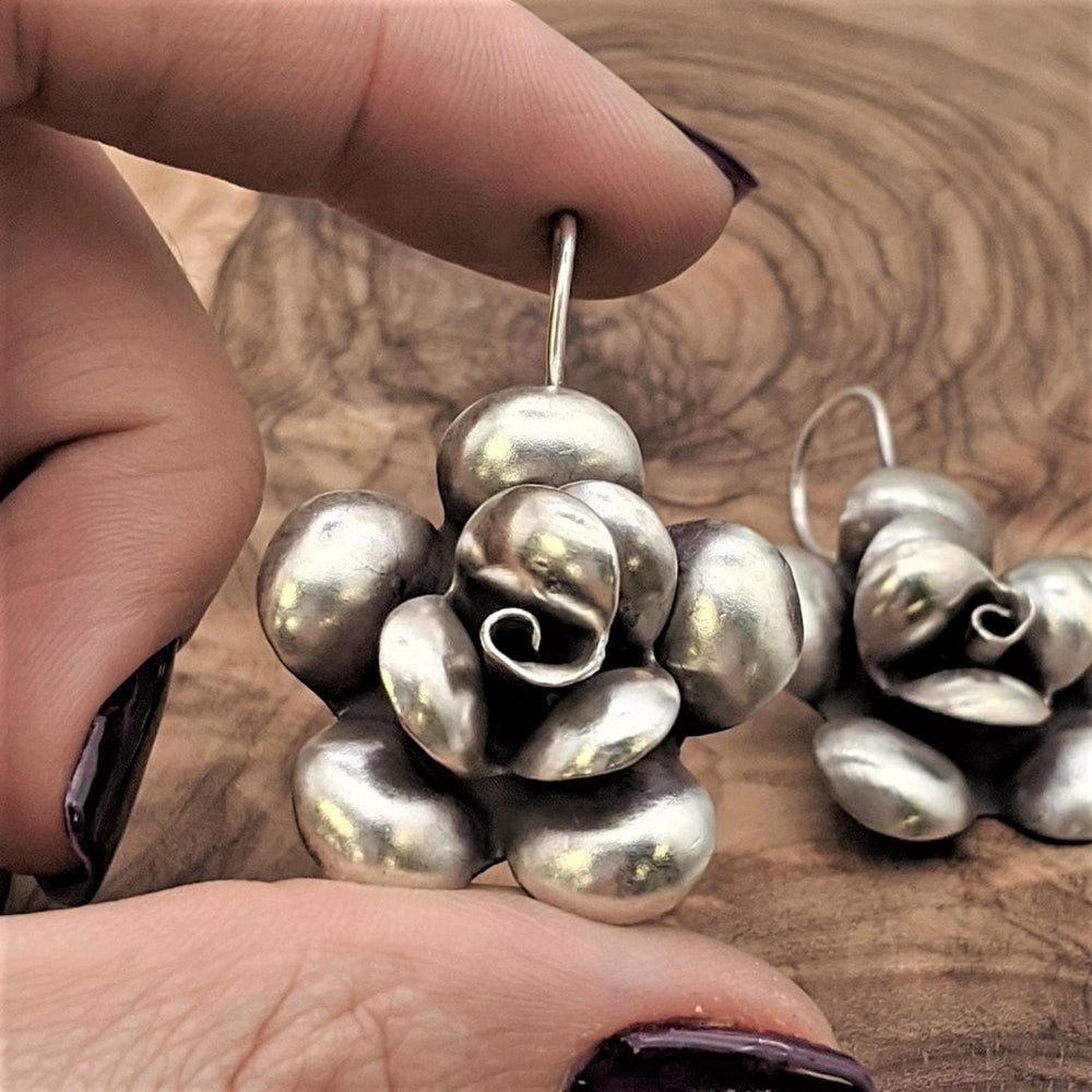 Pure Silver Karen Hill Tribe Statement Rose Flower Earrings With Hooks