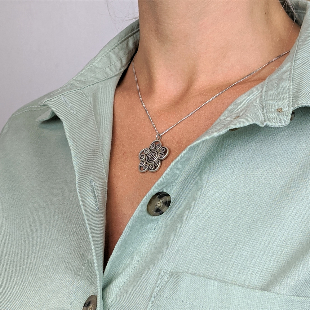 Pure Silver Karen Hill Tribe Spiral Swirl Flower Tribal Pendant