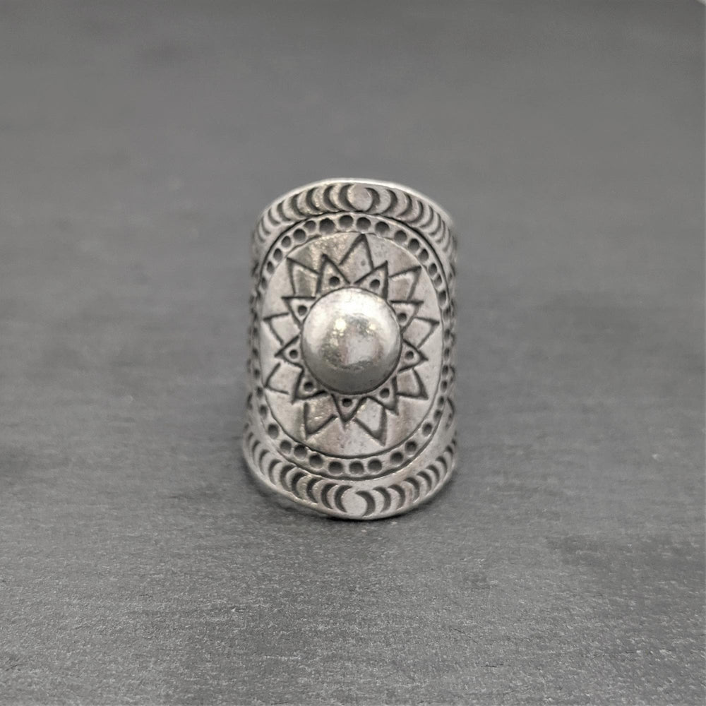 Pure Silver Karen Hill Tribe Chunky Wide Sun Pattern Ring Adjustable