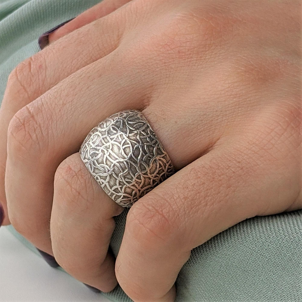 
                  
                    Pure Silver Karen Hill Tribe Oxidised Pattern Dome Ring Tribal Design
                  
                