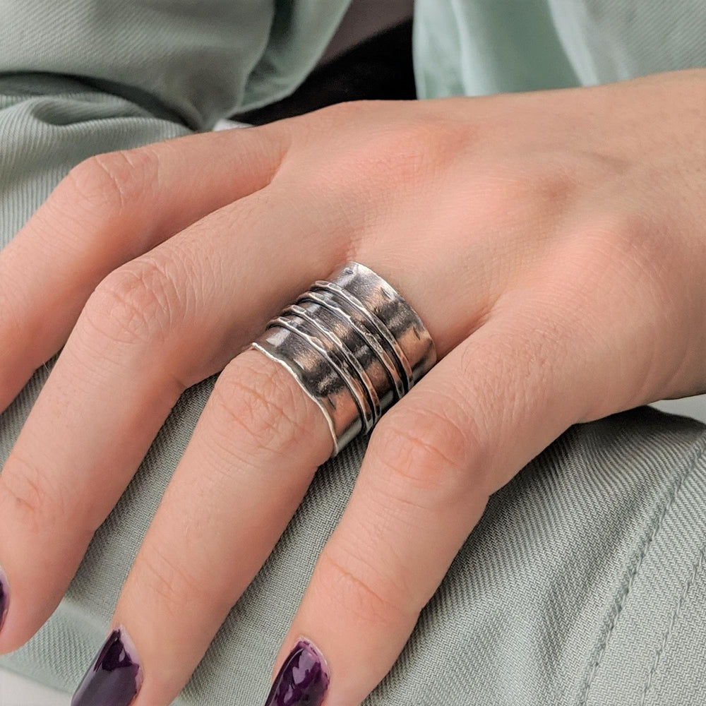 
                  
                    Pure Silver Karen Hill Tribe Rustic Wide Band Ridged Adjustable Ring
                  
                