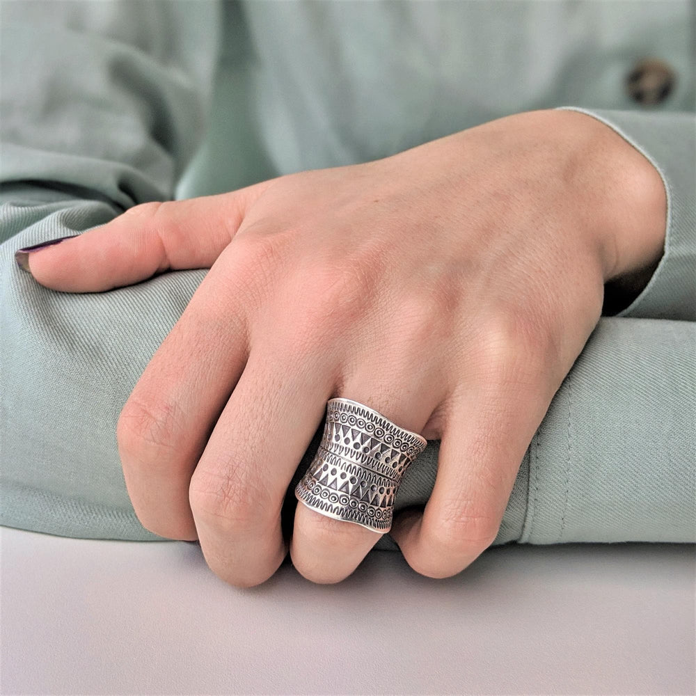 
                  
                    Pure Silver Karen Hill Tribe Wide Wrap Tribal Motif Adjustable Ring
                  
                