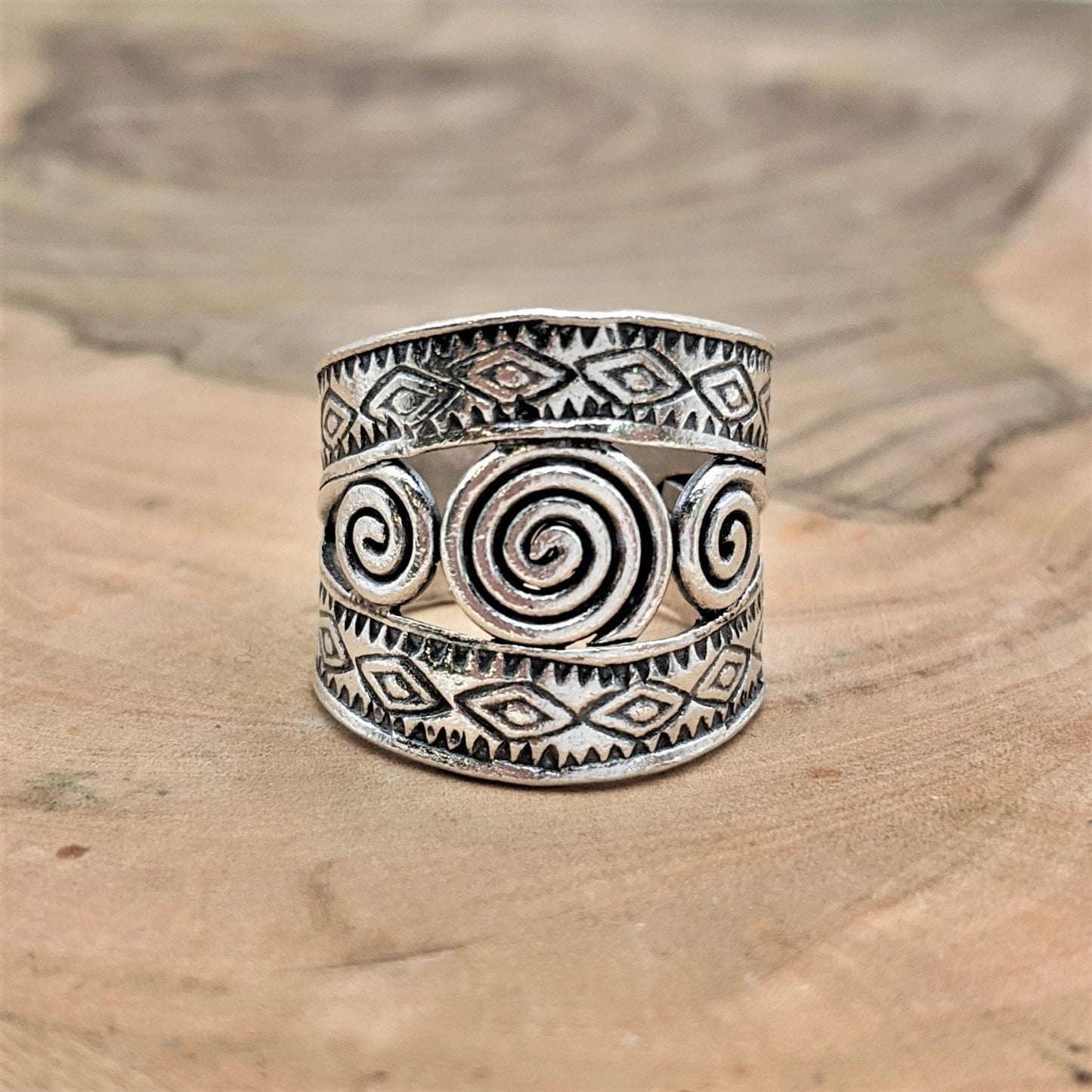 
                  
                    Pure Silver Karen Hill Tribe Tribal Spiral Motif Wide Adjustable Ring
                  
                