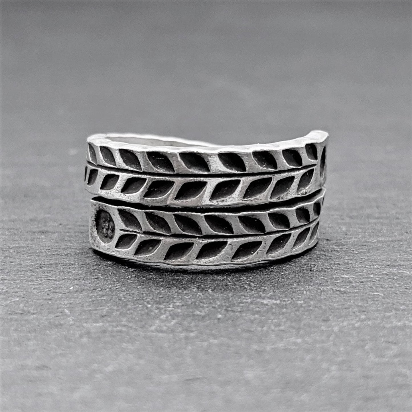 
                  
                    Pure Silver Karen Hill Tribe Ring Overlapping Engraved Design
                  
                