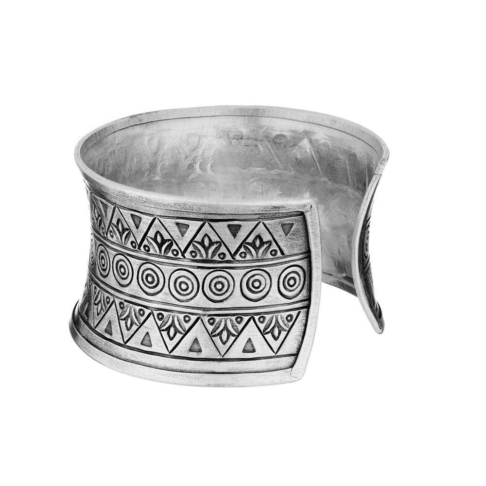 
                  
                    Pure Silver Hill Tribe Wide Tribal Pattern Boho Concave Cuff Bangle
                  
                