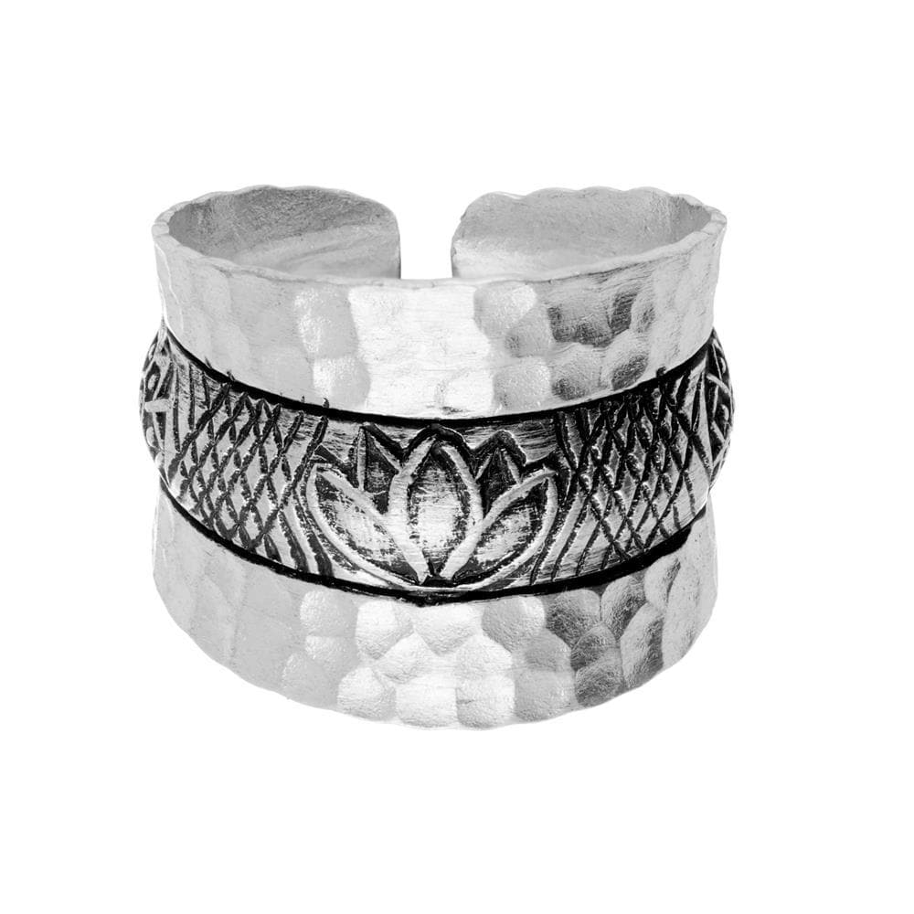 Pure Silver Karen Hill Tribe Hammered Wide Boho Lotus Adjustable Ring