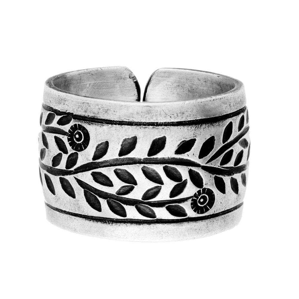 
                  
                    Pure Silver Hill Tribe Wide Band Engraved Flower Leaf Adjustable Ring
                  
                
