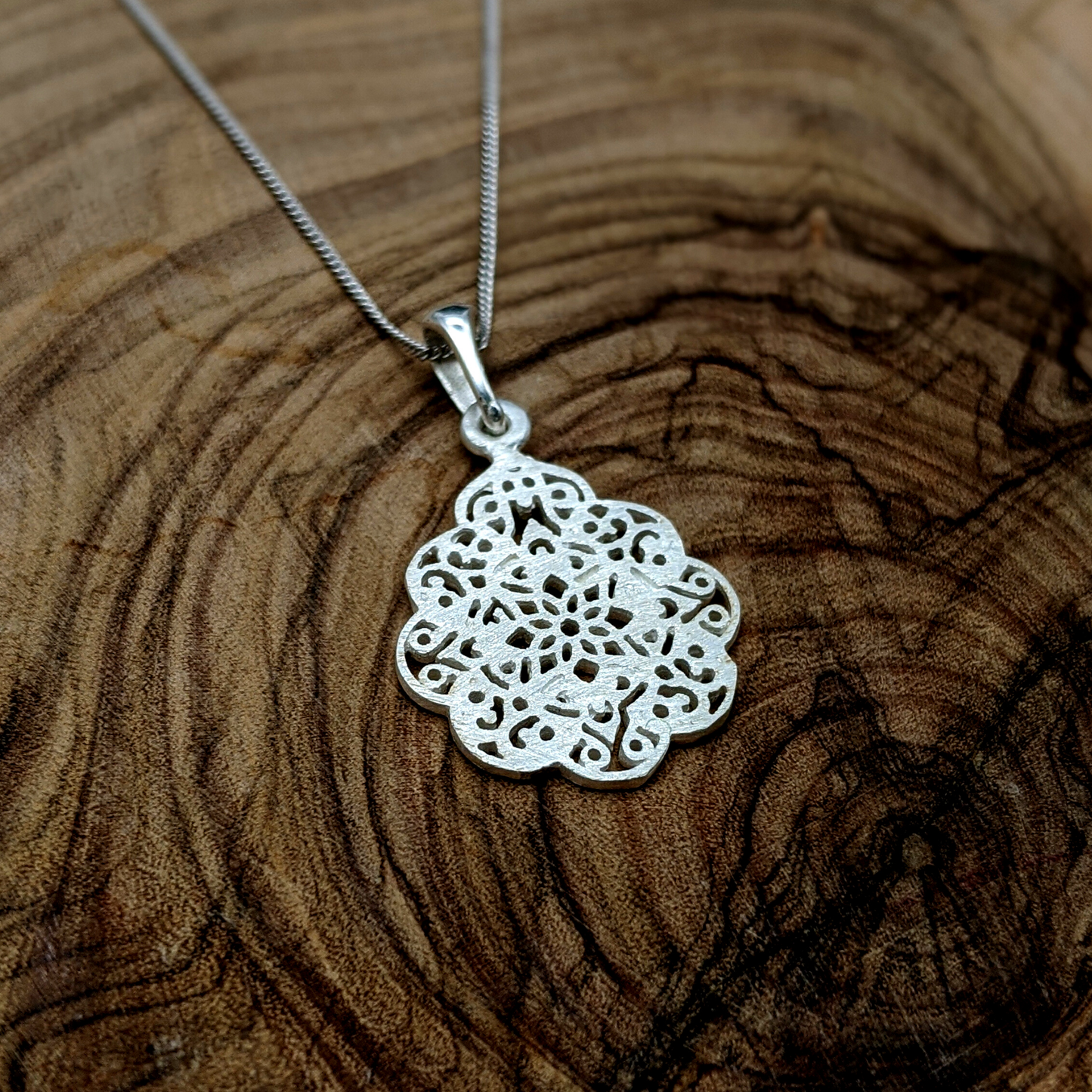 
                  
                    Sterling Silver Satin Filigree Henna Pattern Flower Pendant Necklace
                  
                