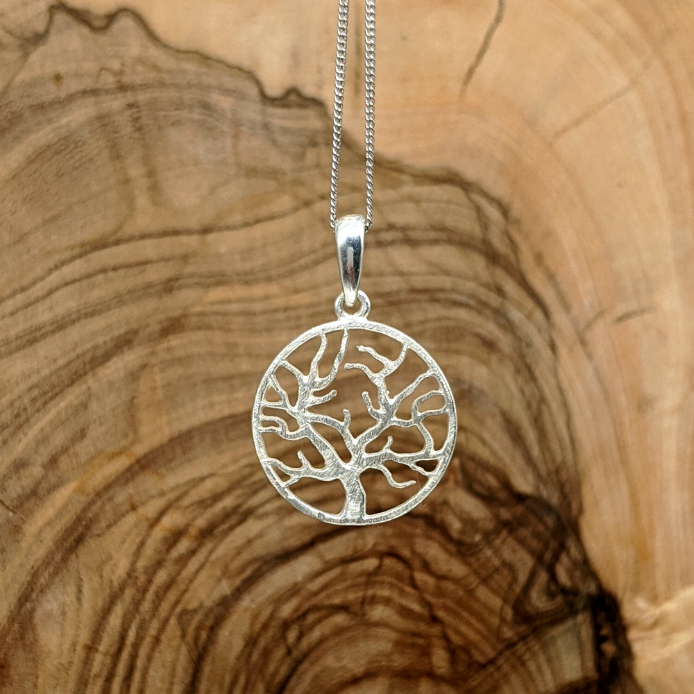 
                  
                    Sterling Silver Satin Finish Round Circle Tree Pendant Necklace
                  
                
