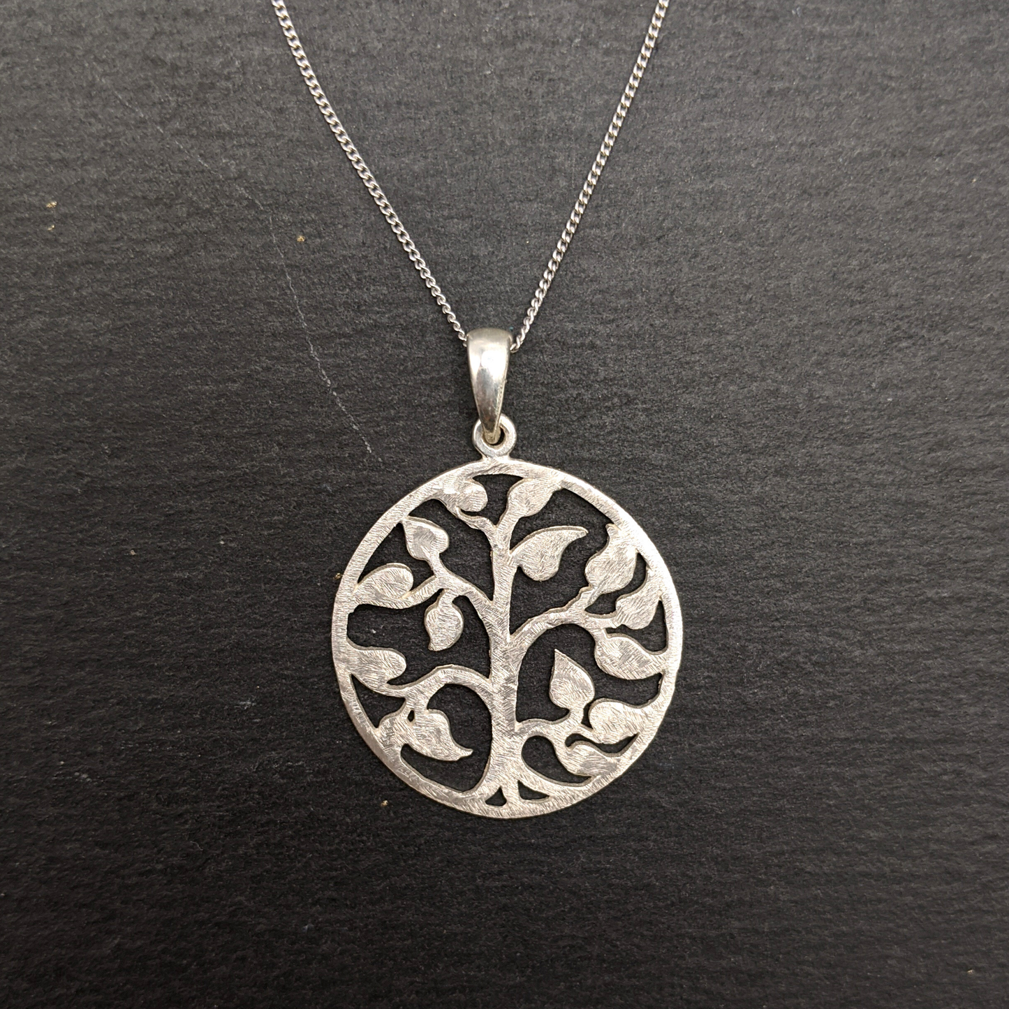 
                  
                    Sterling Silver Satin Finish Large Round Tree Leaf Pendant Necklace
                  
                