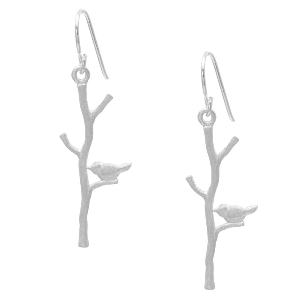 
                  
                    Sterling Silver Satin Finish Bird in Tree Branch Twig Dangle Earrings
                  
                