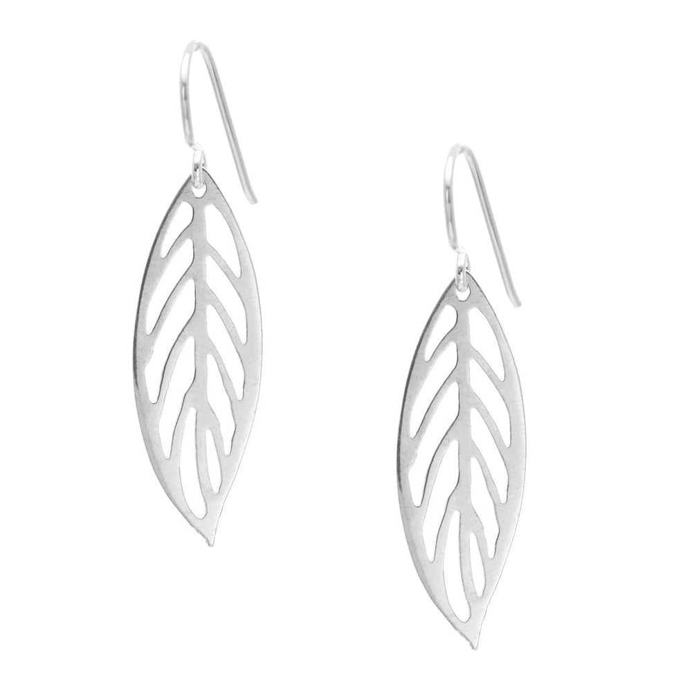 Sterling Silver Simple Flat Cut-Out Leaf Shaped Drop Earrings