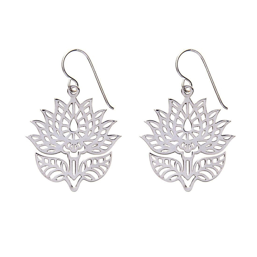 Sterling Silver Satin Finish Cut-Out Open Lotus Flower Dangle Earrings