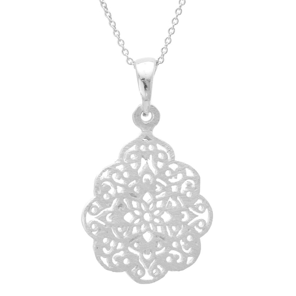 Sterling Silver Satin Filigree Henna Pattern Flower Pendant Necklace