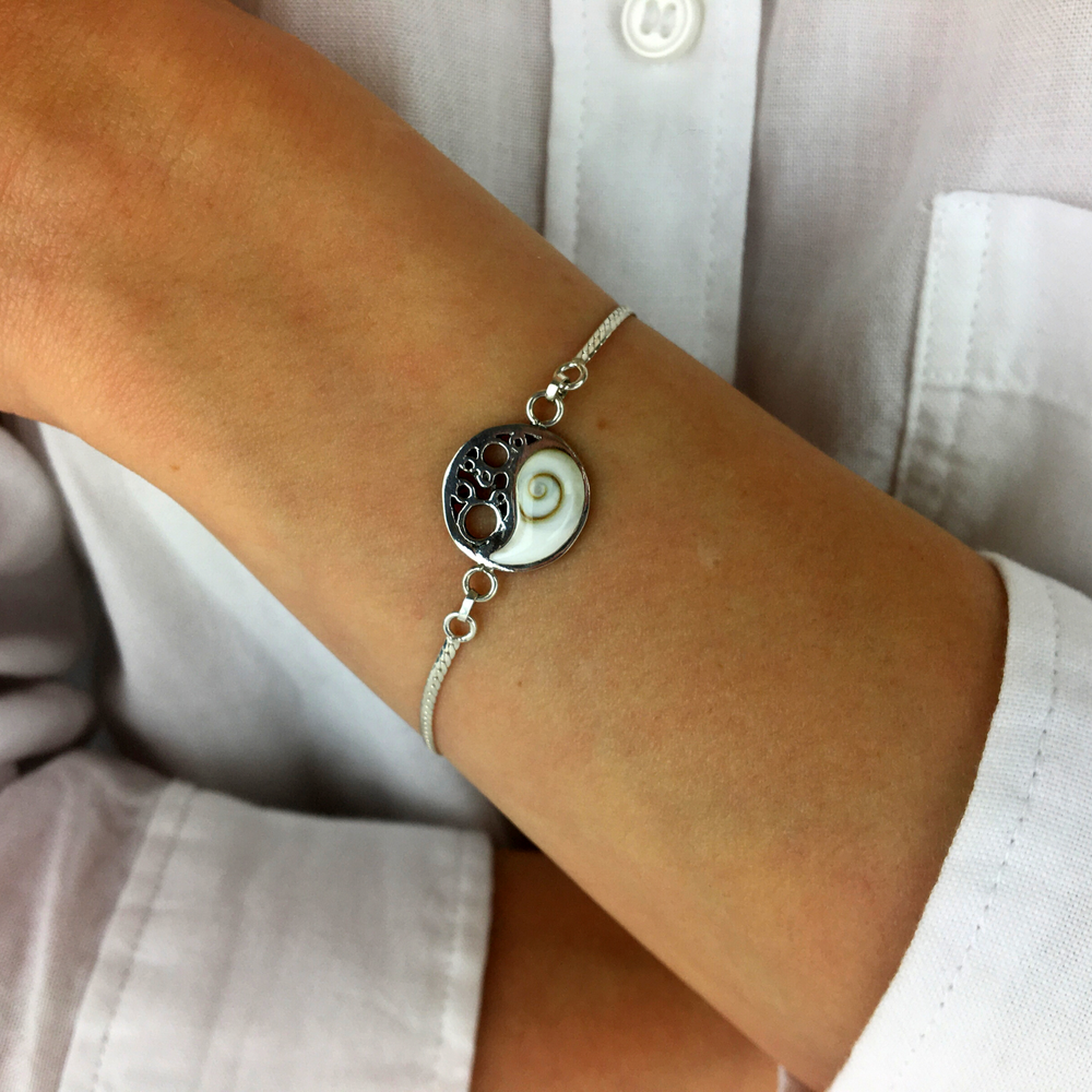Sterling Silver Shiva Eye Filigree Yin Yang Herringbone Bracelet
