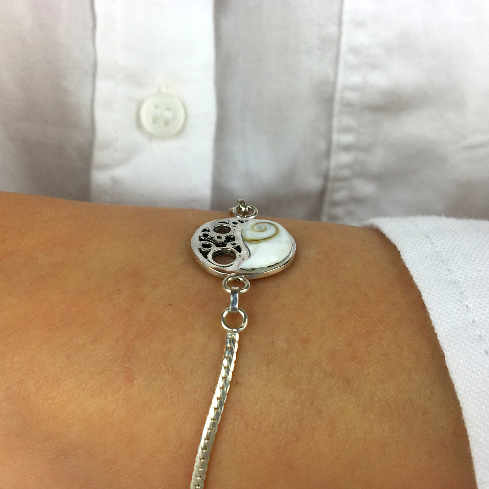 Sterling Silver Shiva Eye Filigree Yin Yang Herringbone Bracelet